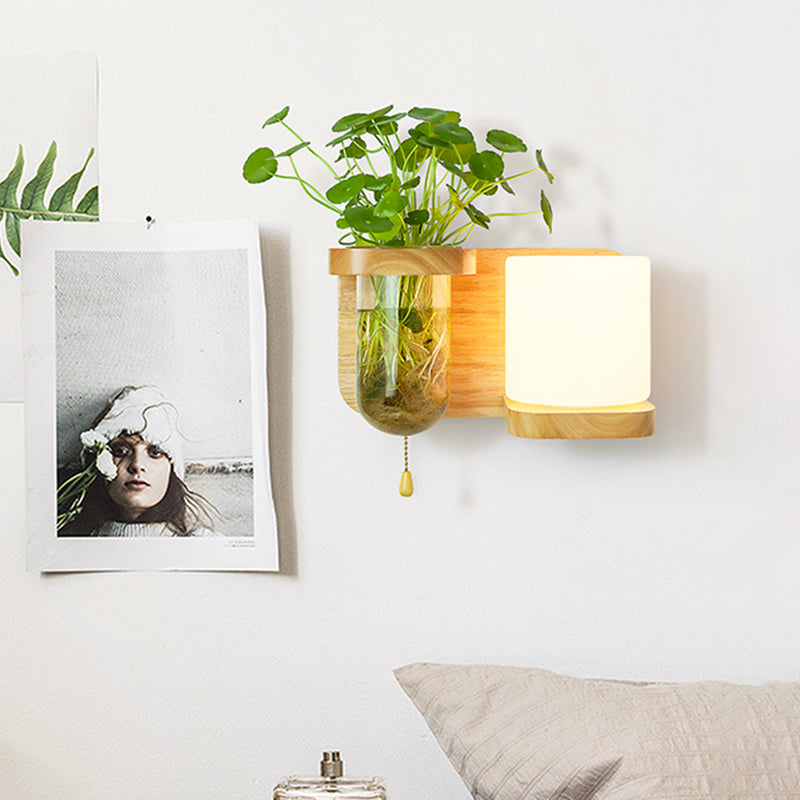 Wood Globe/Cylinder Wall Sconce Nordic Cream Glass 1 Bulb Bedroom Wall Light with Plant Pot and Pull Chain Clearhalo 'Industrial wall lights' 'Industrial' 'Middle century wall lights' 'Rustic wall lights' 'Tiffany' 'Wall Lamps & Sconces' 'Wall Lights' Lighting' 1789253