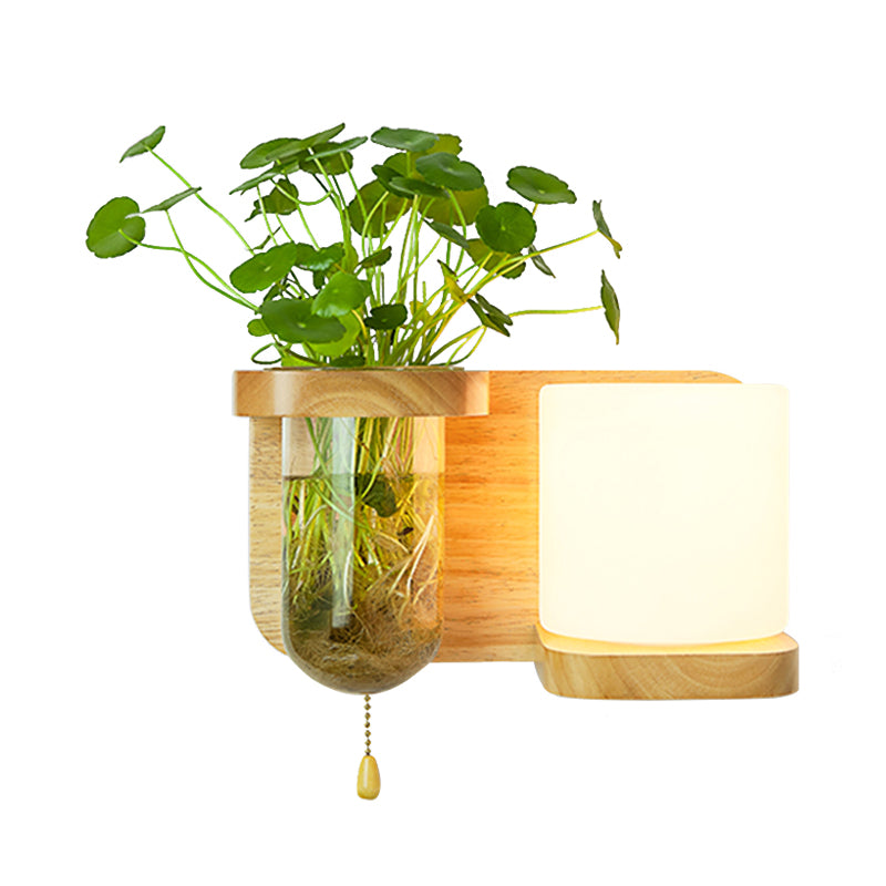 Wood Globe/Cylinder Wall Sconce Nordic Cream Glass 1 Bulb Bedroom Wall Light with Plant Pot and Pull Chain Clearhalo 'Industrial wall lights' 'Industrial' 'Middle century wall lights' 'Rustic wall lights' 'Tiffany' 'Wall Lamps & Sconces' 'Wall Lights' Lighting' 1789255