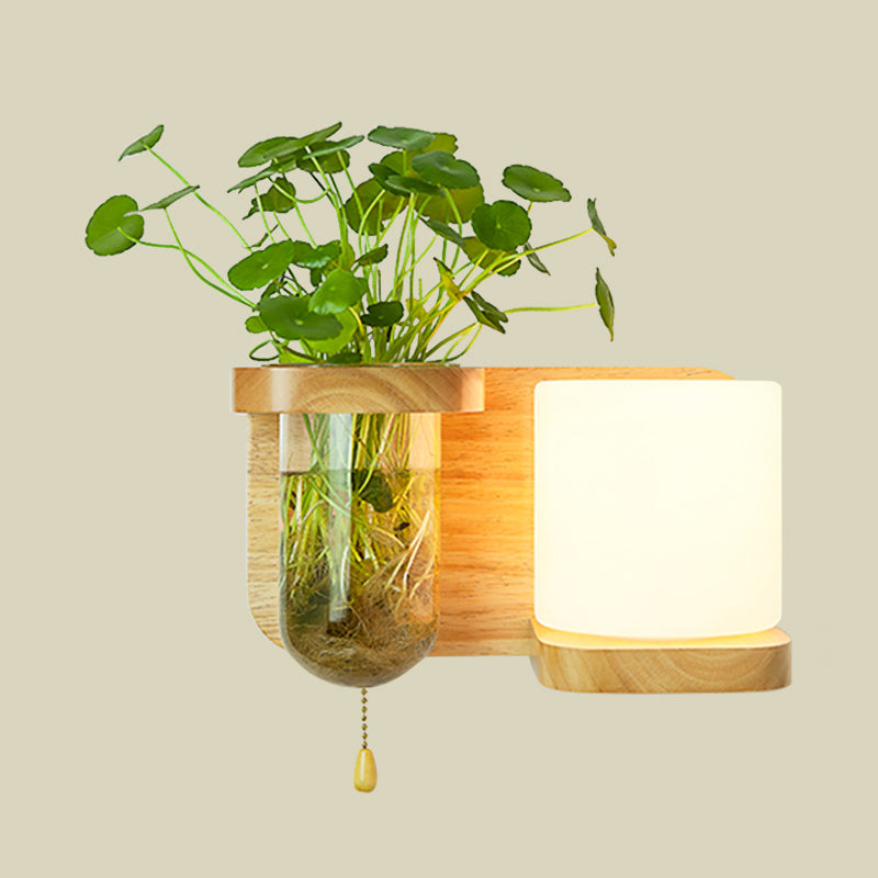 Wood Globe/Cylinder Wall Sconce Nordic Cream Glass 1 Bulb Bedroom Wall Light with Plant Pot and Pull Chain Clearhalo 'Industrial wall lights' 'Industrial' 'Middle century wall lights' 'Rustic wall lights' 'Tiffany' 'Wall Lamps & Sconces' 'Wall Lights' Lighting' 1789256
