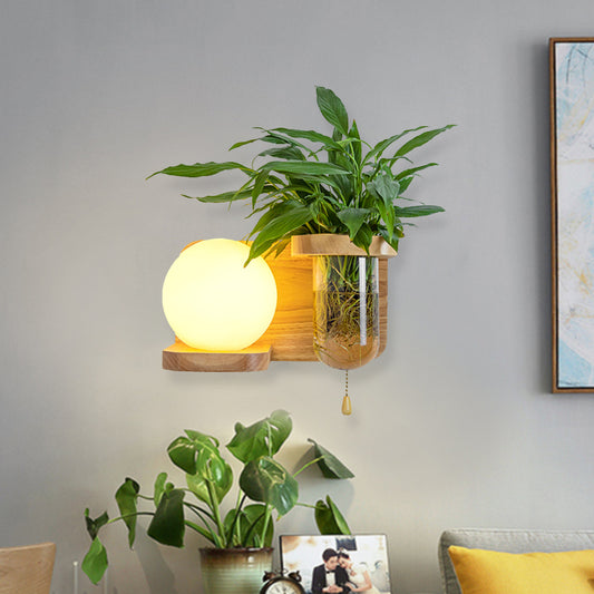 Wood Globe/Cylinder Wall Sconce Nordic Cream Glass 1 Bulb Bedroom Wall Light with Plant Pot and Pull Chain Wood Globe Clearhalo 'Industrial wall lights' 'Industrial' 'Middle century wall lights' 'Rustic wall lights' 'Tiffany' 'Wall Lamps & Sconces' 'Wall Lights' Lighting' 1789258