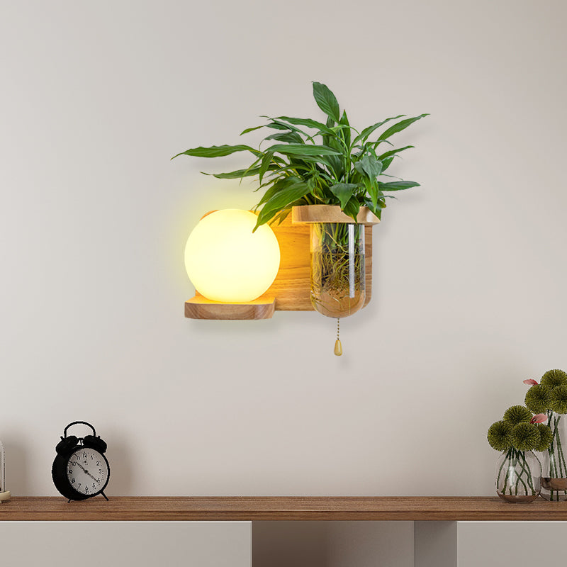 Wood Globe/Cylinder Wall Sconce Nordic Cream Glass 1 Bulb Bedroom Wall Light with Plant Pot and Pull Chain Clearhalo 'Industrial wall lights' 'Industrial' 'Middle century wall lights' 'Rustic wall lights' 'Tiffany' 'Wall Lamps & Sconces' 'Wall Lights' Lighting' 1789259