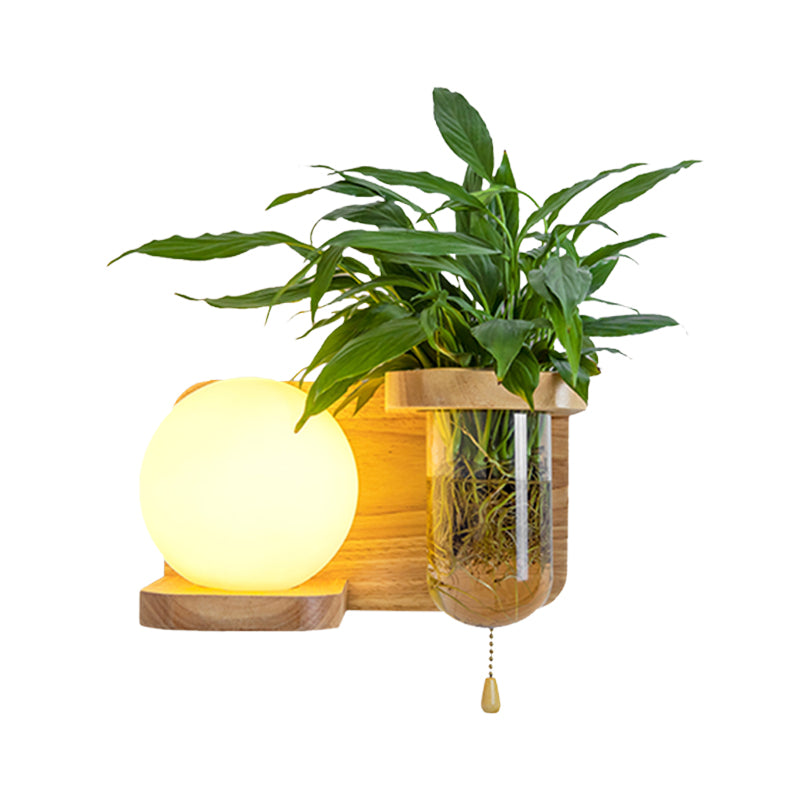 Wood Globe/Cylinder Wall Sconce Nordic Cream Glass 1 Bulb Bedroom Wall Light with Plant Pot and Pull Chain Clearhalo 'Industrial wall lights' 'Industrial' 'Middle century wall lights' 'Rustic wall lights' 'Tiffany' 'Wall Lamps & Sconces' 'Wall Lights' Lighting' 1789260
