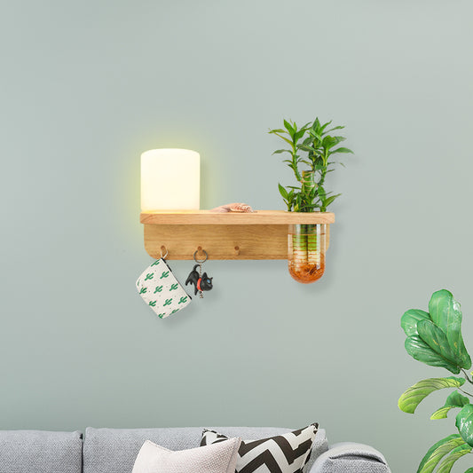 Frosted Glass Wood Wall Light Cylindrical 1-Bulb Industrial Wall Sconce Lamp with Plant Container Clearhalo 'Industrial wall lights' 'Industrial' 'Middle century wall lights' 'Rustic wall lights' 'Tiffany' 'Wall Lamps & Sconces' 'Wall Lights' Lighting' 1789262