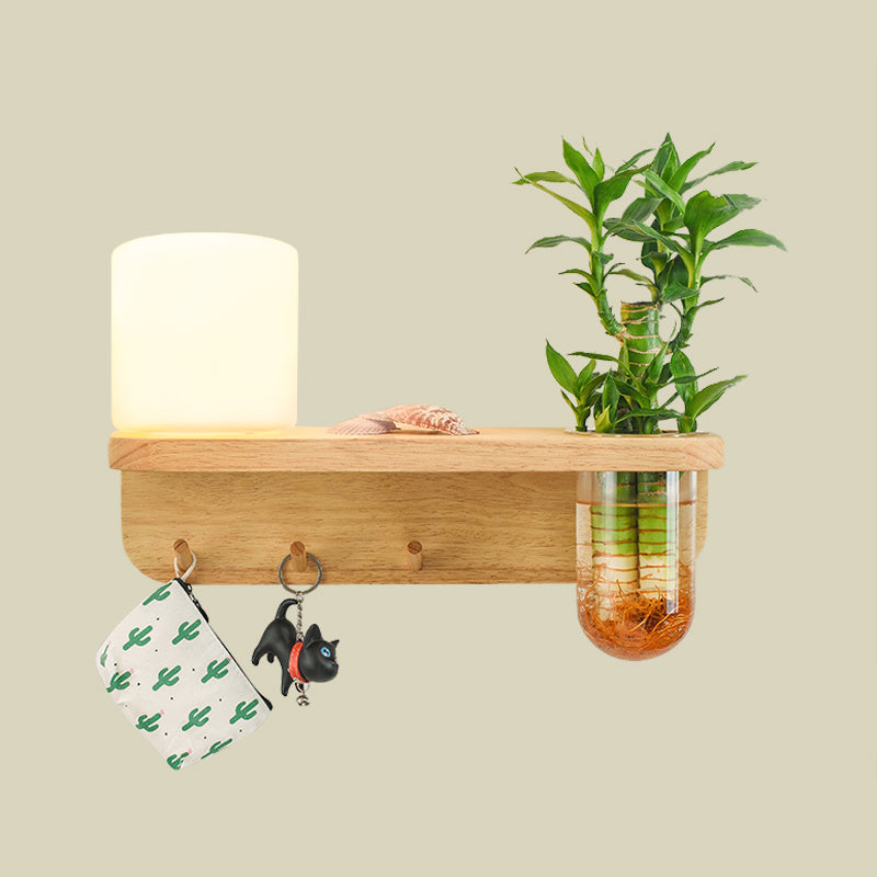 Frosted Glass Wood Wall Light Cylindrical 1-Bulb Industrial Wall Sconce Lamp with Plant Container Clearhalo 'Industrial wall lights' 'Industrial' 'Middle century wall lights' 'Rustic wall lights' 'Tiffany' 'Wall Lamps & Sconces' 'Wall Lights' Lighting' 1789265