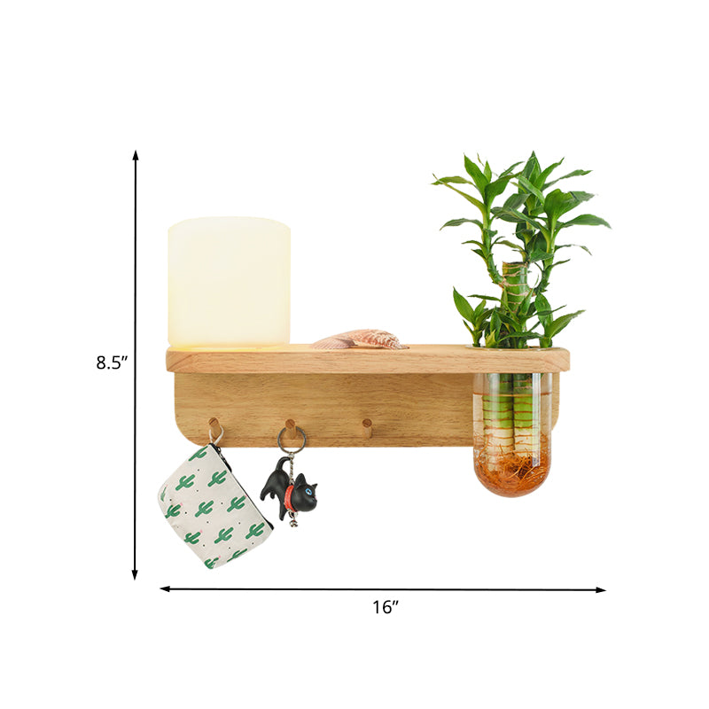 Frosted Glass Wood Wall Light Cylindrical 1-Bulb Industrial Wall Sconce Lamp with Plant Container Clearhalo 'Industrial wall lights' 'Industrial' 'Middle century wall lights' 'Rustic wall lights' 'Tiffany' 'Wall Lamps & Sconces' 'Wall Lights' Lighting' 1789266