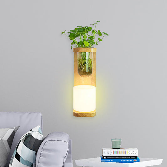 Nordic Cylinder Sconce Light Fixture 1-Head Opal Glass Wall Lighting in Wood with Clear Glass Plant Cup Clearhalo 'Industrial wall lights' 'Industrial' 'Middle century wall lights' 'Rustic wall lights' 'Tiffany' 'Wall Lamps & Sconces' 'Wall Lights' Lighting' 1789267