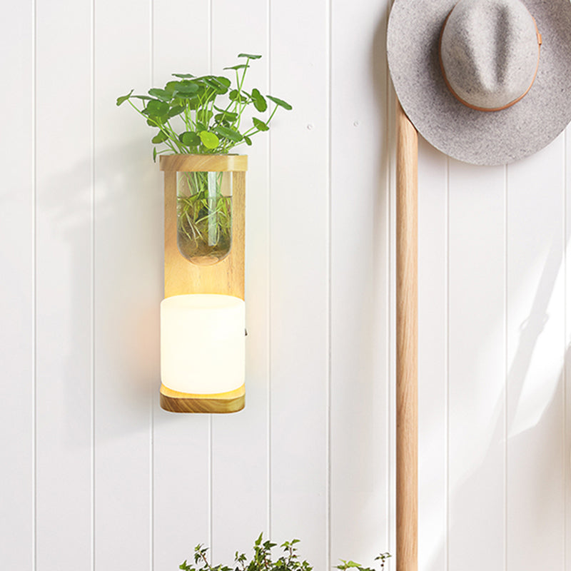 Nordic Cylinder Sconce Light Fixture 1-Head Opal Glass Wall Lighting in Wood with Clear Glass Plant Cup Wood Clearhalo 'Industrial wall lights' 'Industrial' 'Middle century wall lights' 'Rustic wall lights' 'Tiffany' 'Wall Lamps & Sconces' 'Wall Lights' Lighting' 1789268