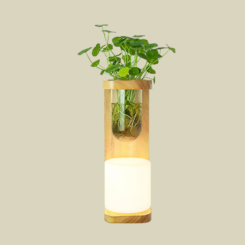 Nordic Cylinder Sconce Light Fixture 1-Head Opal Glass Wall Lighting in Wood with Clear Glass Plant Cup Clearhalo 'Industrial wall lights' 'Industrial' 'Middle century wall lights' 'Rustic wall lights' 'Tiffany' 'Wall Lamps & Sconces' 'Wall Lights' Lighting' 1789270