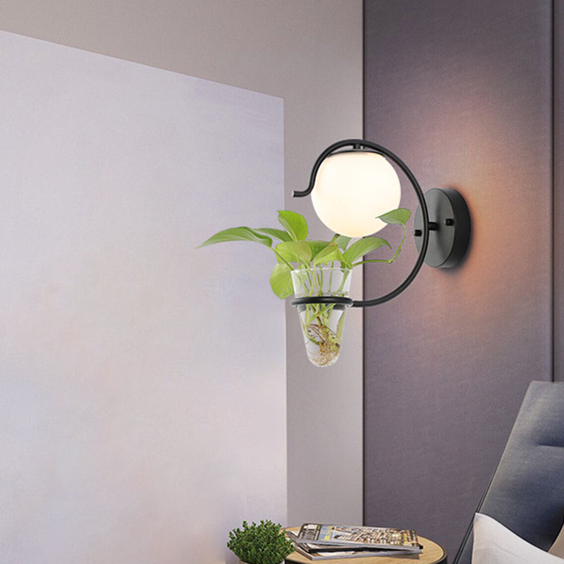Cream/Smoke Gray Glass Orb Sconce Vintage 1-Bulb Bedroom Wall Lamp in Black/Gold with C-Shaped Arm and Plant Cup Clearhalo 'Art deco wall lights' 'Cast Iron' 'Glass' 'Industrial wall lights' 'Industrial' 'Middle century wall lights' 'Modern' 'Rustic wall lights' 'Tiffany' 'Traditional wall lights' 'Wall Lamps & Sconces' 'Wall Lights' Lighting' 1789293