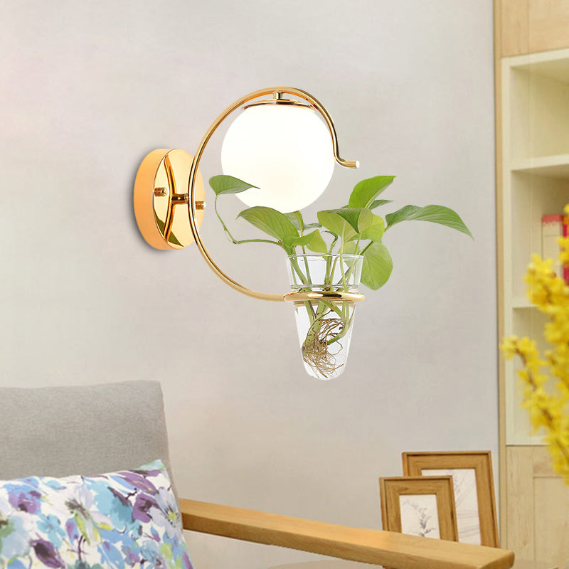 Cream/Smoke Gray Glass Orb Sconce Vintage 1-Bulb Bedroom Wall Lamp in Black/Gold with C-Shaped Arm and Plant Cup Gold Milk White Clearhalo 'Art deco wall lights' 'Cast Iron' 'Glass' 'Industrial wall lights' 'Industrial' 'Middle century wall lights' 'Modern' 'Rustic wall lights' 'Tiffany' 'Traditional wall lights' 'Wall Lamps & Sconces' 'Wall Lights' Lighting' 1789298