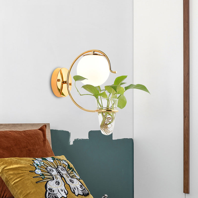 Cream/Smoke Gray Glass Orb Sconce Vintage 1-Bulb Bedroom Wall Lamp in Black/Gold with C-Shaped Arm and Plant Cup Clearhalo 'Art deco wall lights' 'Cast Iron' 'Glass' 'Industrial wall lights' 'Industrial' 'Middle century wall lights' 'Modern' 'Rustic wall lights' 'Tiffany' 'Traditional wall lights' 'Wall Lamps & Sconces' 'Wall Lights' Lighting' 1789299