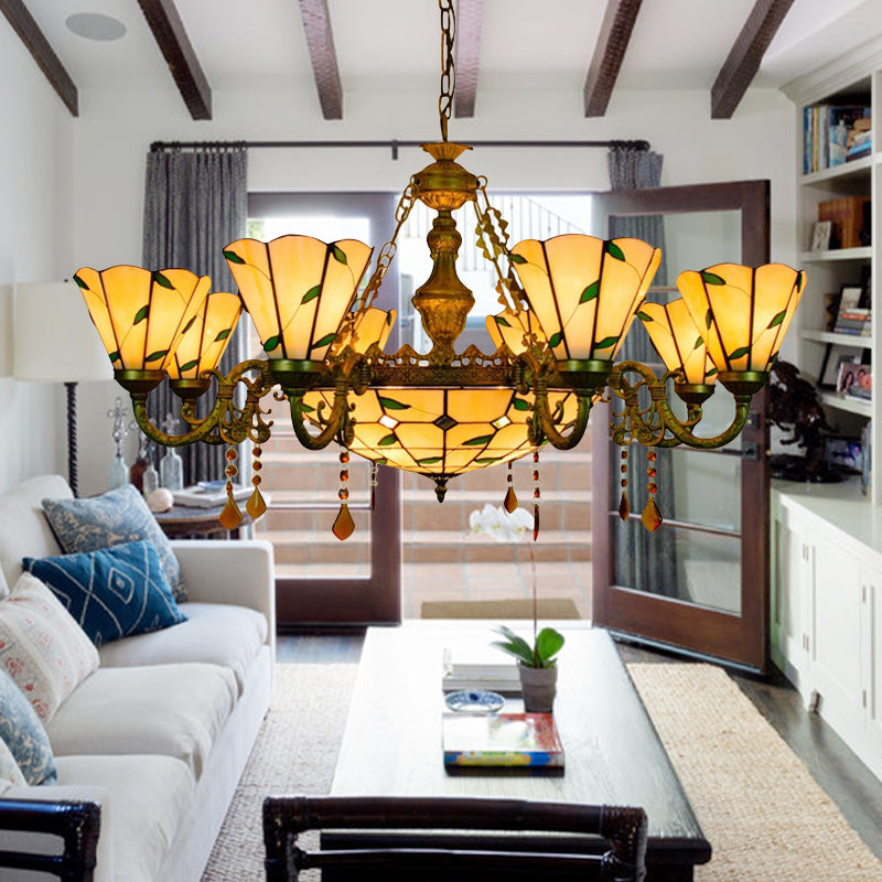 Leaf Chandelier with Agate 7/9/13 Lights Deco Tiffany Antique Art Glass Hanging Light in Beige for Hotel Clearhalo 'Ceiling Lights' 'Chandeliers' 'Close To Ceiling Lights' 'Industrial' 'Middle Century Chandeliers' 'Tiffany Chandeliers' 'Tiffany close to ceiling' 'Tiffany' Lighting' 178930