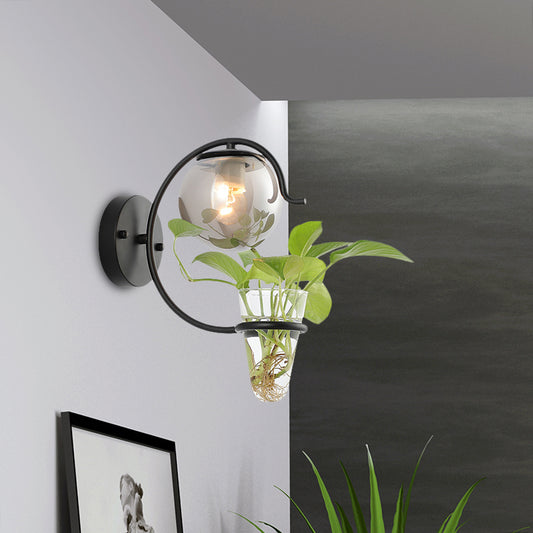 Cream/Smoke Gray Glass Orb Sconce Vintage 1-Bulb Bedroom Wall Lamp in Black/Gold with C-Shaped Arm and Plant Cup Black Smoke Grey Clearhalo 'Art deco wall lights' 'Cast Iron' 'Glass' 'Industrial wall lights' 'Industrial' 'Middle century wall lights' 'Modern' 'Rustic wall lights' 'Tiffany' 'Traditional wall lights' 'Wall Lamps & Sconces' 'Wall Lights' Lighting' 1789301