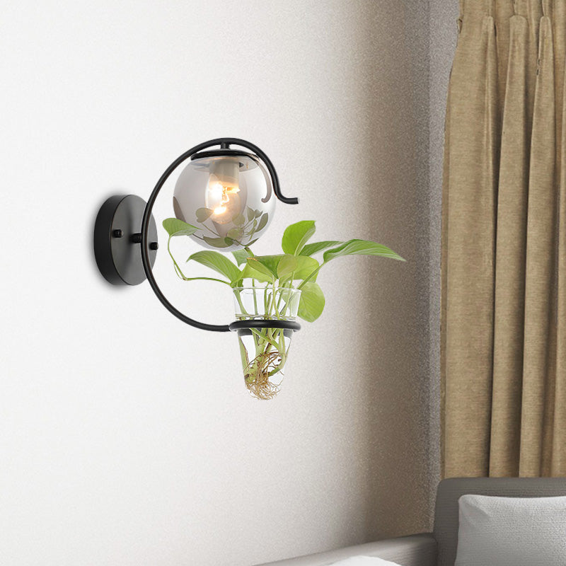 Cream/Smoke Gray Glass Orb Sconce Vintage 1-Bulb Bedroom Wall Lamp in Black/Gold with C-Shaped Arm and Plant Cup Clearhalo 'Art deco wall lights' 'Cast Iron' 'Glass' 'Industrial wall lights' 'Industrial' 'Middle century wall lights' 'Modern' 'Rustic wall lights' 'Tiffany' 'Traditional wall lights' 'Wall Lamps & Sconces' 'Wall Lights' Lighting' 1789302