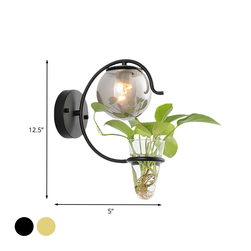 Cream/Smoke Gray Glass Orb Sconce Vintage 1-Bulb Bedroom Wall Lamp in Black/Gold with C-Shaped Arm and Plant Cup Clearhalo 'Art deco wall lights' 'Cast Iron' 'Glass' 'Industrial wall lights' 'Industrial' 'Middle century wall lights' 'Modern' 'Rustic wall lights' 'Tiffany' 'Traditional wall lights' 'Wall Lamps & Sconces' 'Wall Lights' Lighting' 1789304