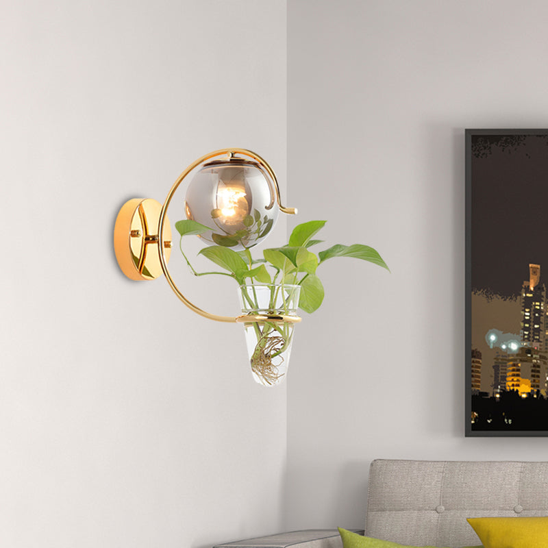 Cream/Smoke Gray Glass Orb Sconce Vintage 1-Bulb Bedroom Wall Lamp in Black/Gold with C-Shaped Arm and Plant Cup Clearhalo 'Art deco wall lights' 'Cast Iron' 'Glass' 'Industrial wall lights' 'Industrial' 'Middle century wall lights' 'Modern' 'Rustic wall lights' 'Tiffany' 'Traditional wall lights' 'Wall Lamps & Sconces' 'Wall Lights' Lighting' 1789306