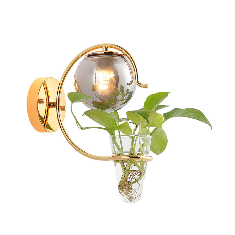 Cream/Smoke Gray Glass Orb Sconce Vintage 1-Bulb Bedroom Wall Lamp in Black/Gold with C-Shaped Arm and Plant Cup Clearhalo 'Art deco wall lights' 'Cast Iron' 'Glass' 'Industrial wall lights' 'Industrial' 'Middle century wall lights' 'Modern' 'Rustic wall lights' 'Tiffany' 'Traditional wall lights' 'Wall Lamps & Sconces' 'Wall Lights' Lighting' 1789307