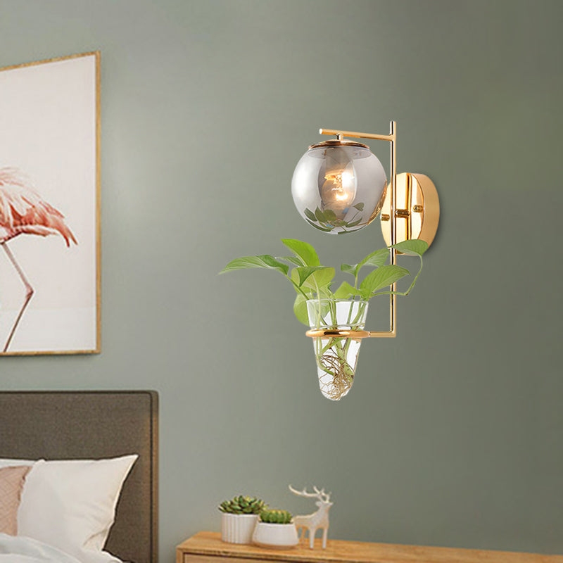 Gold/Black Globe Sconce Light Antique Cream/Smoke Gray Glass 1-Head Bedroom Wall Lamp with Clear Glass Plant Cup Clearhalo 'Art deco wall lights' 'Cast Iron' 'Glass' 'Industrial wall lights' 'Industrial' 'Middle century wall lights' 'Modern' 'Rustic wall lights' 'Tiffany' 'Traditional wall lights' 'Wall Lamps & Sconces' 'Wall Lights' Lighting' 1789317
