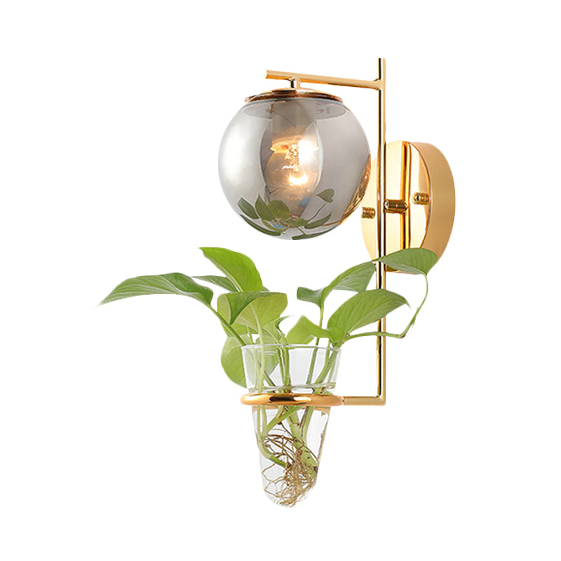 Gold/Black Globe Sconce Light Antique Cream/Smoke Gray Glass 1-Head Bedroom Wall Lamp with Clear Glass Plant Cup Clearhalo 'Art deco wall lights' 'Cast Iron' 'Glass' 'Industrial wall lights' 'Industrial' 'Middle century wall lights' 'Modern' 'Rustic wall lights' 'Tiffany' 'Traditional wall lights' 'Wall Lamps & Sconces' 'Wall Lights' Lighting' 1789318