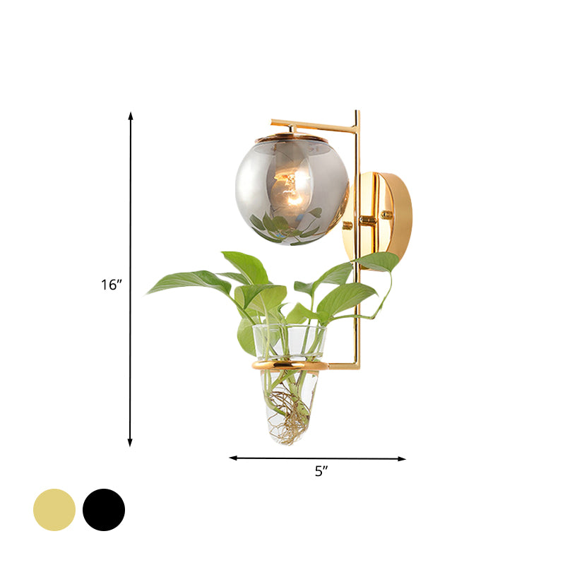 Gold/Black Globe Sconce Light Antique Cream/Smoke Gray Glass 1-Head Bedroom Wall Lamp with Clear Glass Plant Cup Clearhalo 'Art deco wall lights' 'Cast Iron' 'Glass' 'Industrial wall lights' 'Industrial' 'Middle century wall lights' 'Modern' 'Rustic wall lights' 'Tiffany' 'Traditional wall lights' 'Wall Lamps & Sconces' 'Wall Lights' Lighting' 1789319