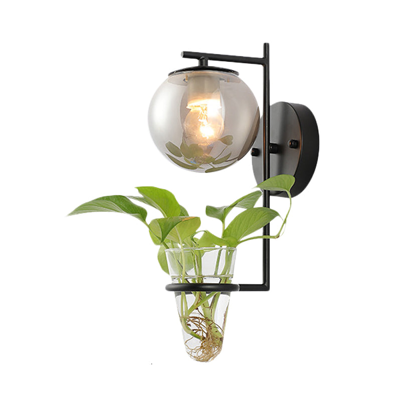 Gold/Black Globe Sconce Light Antique Cream/Smoke Gray Glass 1-Head Bedroom Wall Lamp with Clear Glass Plant Cup Clearhalo 'Art deco wall lights' 'Cast Iron' 'Glass' 'Industrial wall lights' 'Industrial' 'Middle century wall lights' 'Modern' 'Rustic wall lights' 'Tiffany' 'Traditional wall lights' 'Wall Lamps & Sconces' 'Wall Lights' Lighting' 1789322
