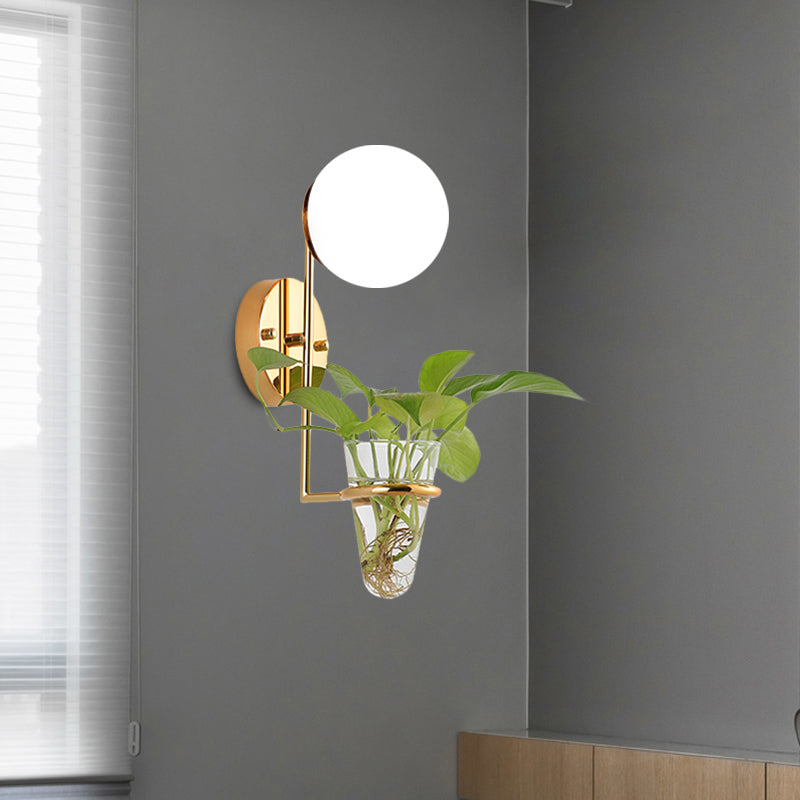 1 Bulb Sconce Lamp Industrial Global Cream/Smoke Gray Glass Wall Light in Black/Gold with Clear Glass Plant Cup Clearhalo 'Art deco wall lights' 'Cast Iron' 'Glass' 'Industrial wall lights' 'Industrial' 'Middle century wall lights' 'Modern' 'Rustic wall lights' 'Tiffany' 'Traditional wall lights' 'Wall Lamps & Sconces' 'Wall Lights' Lighting' 1789323
