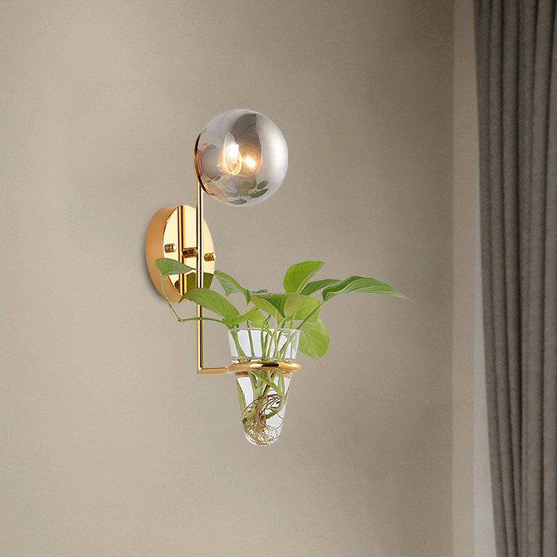 1 Bulb Sconce Lamp Industrial Global Cream/Smoke Gray Glass Wall Light in Black/Gold with Clear Glass Plant Cup Clearhalo 'Art deco wall lights' 'Cast Iron' 'Glass' 'Industrial wall lights' 'Industrial' 'Middle century wall lights' 'Modern' 'Rustic wall lights' 'Tiffany' 'Traditional wall lights' 'Wall Lamps & Sconces' 'Wall Lights' Lighting' 1789332