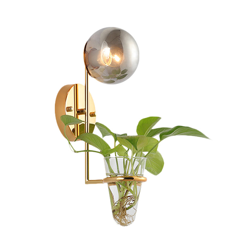 1 Bulb Sconce Lamp Industrial Global Cream/Smoke Gray Glass Wall Light in Black/Gold with Clear Glass Plant Cup Clearhalo 'Art deco wall lights' 'Cast Iron' 'Glass' 'Industrial wall lights' 'Industrial' 'Middle century wall lights' 'Modern' 'Rustic wall lights' 'Tiffany' 'Traditional wall lights' 'Wall Lamps & Sconces' 'Wall Lights' Lighting' 1789333