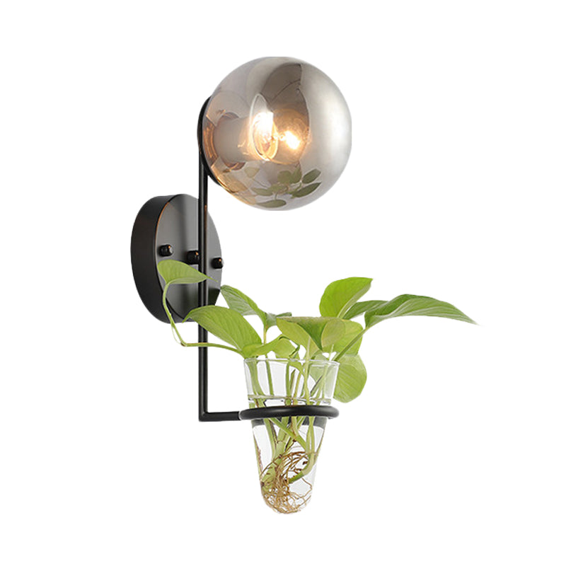 1 Bulb Sconce Lamp Industrial Global Cream/Smoke Gray Glass Wall Light in Black/Gold with Clear Glass Plant Cup Clearhalo 'Art deco wall lights' 'Cast Iron' 'Glass' 'Industrial wall lights' 'Industrial' 'Middle century wall lights' 'Modern' 'Rustic wall lights' 'Tiffany' 'Traditional wall lights' 'Wall Lamps & Sconces' 'Wall Lights' Lighting' 1789337