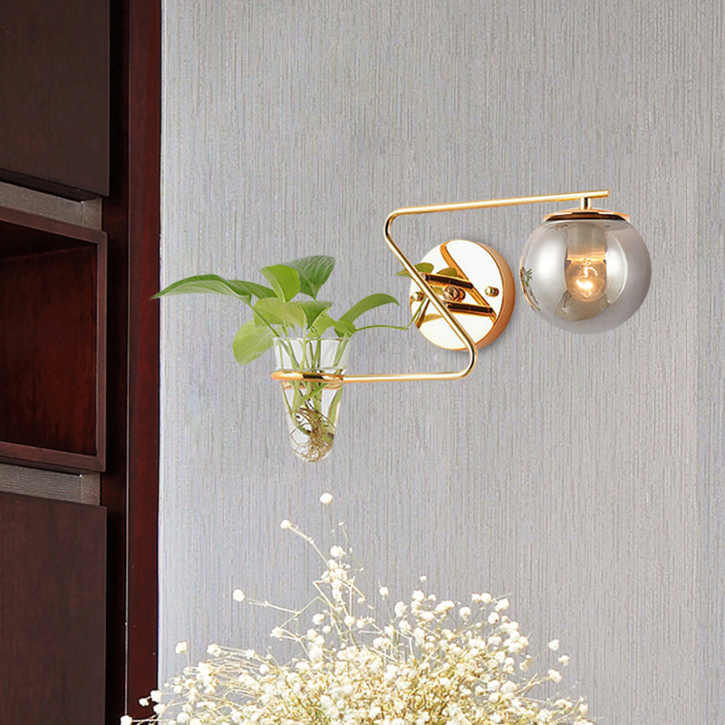 Global Bedroom Sconce Lighting Industrial Cream/Smoke Gray Glass 1 Head Black/Gold Wall Light with Clear Glass Plant Cup Gold Smoke Grey Clearhalo 'Art deco wall lights' 'Cast Iron' 'Glass' 'Industrial wall lights' 'Industrial' 'Middle century wall lights' 'Modern' 'Rustic wall lights' 'Tiffany' 'Traditional wall lights' 'Wall Lamps & Sconces' 'Wall Lights' Lighting' 1789350