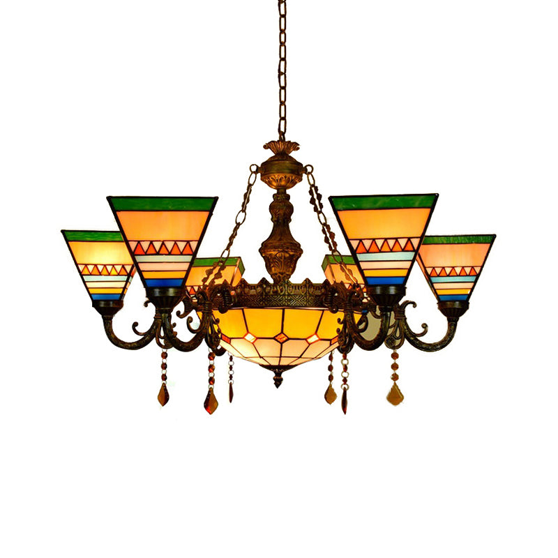 Craftsman Living Room Chandelier with Agate Stained Glass Tiffany Vintage Hanging Light in Orange-Green Clearhalo 'Ceiling Lights' 'Chandeliers' 'Industrial' 'Middle Century Chandeliers' 'Tiffany Chandeliers' 'Tiffany close to ceiling' 'Tiffany' Lighting' 178937