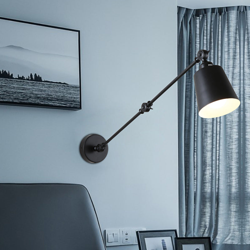 2-Joint Swing Arm Wall Reading Light Nordic Iron Single Black/White Sconce Lighting with Tapered Shade Clearhalo 'Cast Iron' 'Glass' 'Industrial' 'Modern wall lights' 'Modern' 'Tiffany' 'Traditional wall lights' 'Wall Lamps & Sconces' 'Wall Lights' Lighting' 1789387