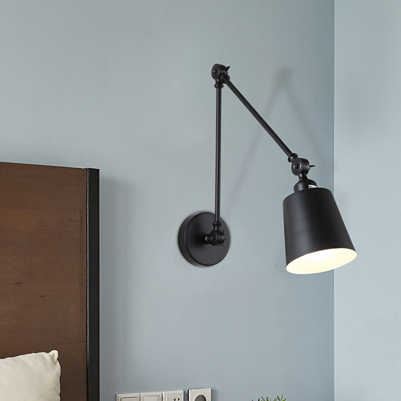 2-Joint Swing Arm Wall Reading Light Nordic Iron Single Black/White Sconce Lighting with Tapered Shade Clearhalo 'Cast Iron' 'Glass' 'Industrial' 'Modern wall lights' 'Modern' 'Tiffany' 'Traditional wall lights' 'Wall Lamps & Sconces' 'Wall Lights' Lighting' 1789388