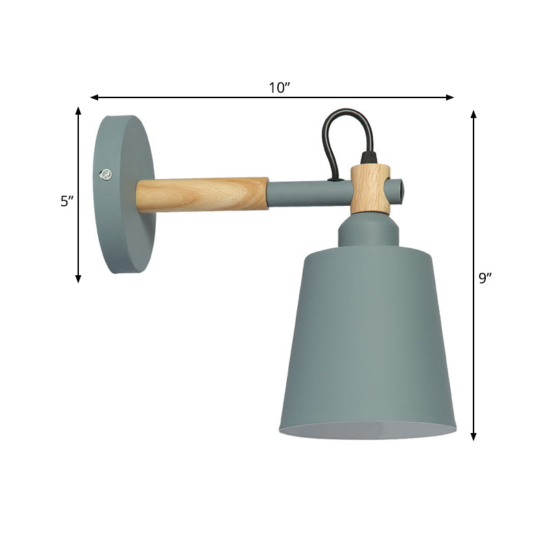 Bucket Bedside Sconce Lamp Metal 1 Bulb Nordic Style Wall Mount Light in Green and Wood Clearhalo 'Modern wall lights' 'Modern' 'Wall Lamps & Sconces' 'Wall Lights' Lighting' 1789408