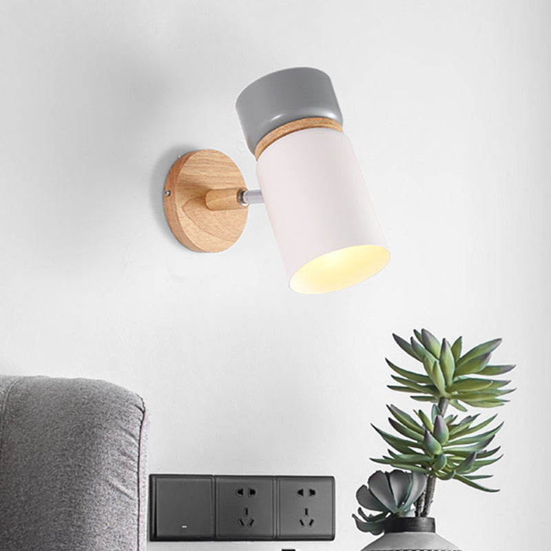 Grey-White Cylindrical Rotating Sconce Nordic Single Iron Wall Mounted Lamp with Wood Accent Clearhalo 'Modern wall lights' 'Modern' 'Wall Lamps & Sconces' 'Wall Lights' Lighting' 1789409