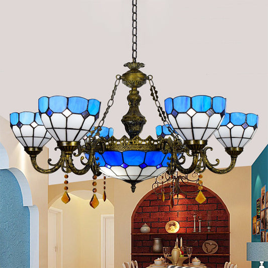 Art Glass Domed Chandelier with Agate Multi-Head Tiffany Traditional Hanging Light in Blue Clearhalo 'Ceiling Lights' 'Chandeliers' 'Industrial' 'Middle Century Chandeliers' 'Pendant Lights' 'Tiffany Chandeliers' 'Tiffany close to ceiling' 'Tiffany' Lighting' 178940