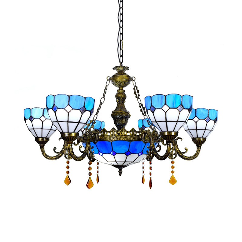 Art Glass Domed Chandelier with Agate Multi-Head Tiffany Traditional Hanging Light in Blue Clearhalo 'Ceiling Lights' 'Chandeliers' 'Industrial' 'Middle Century Chandeliers' 'Pendant Lights' 'Tiffany Chandeliers' 'Tiffany close to ceiling' 'Tiffany' Lighting' 178941