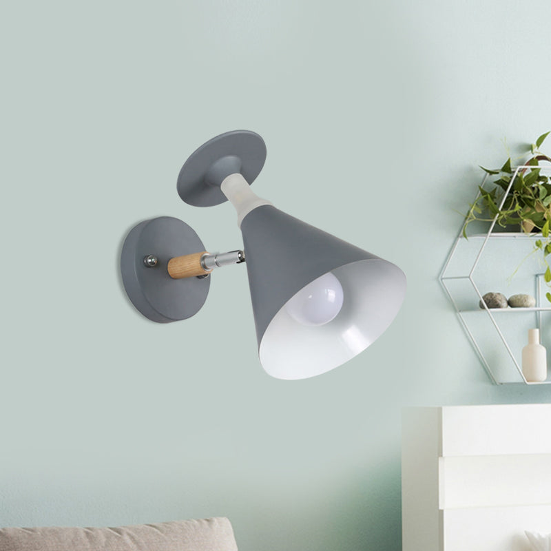 Rotatable Cone Wine Cup Wall Mounted Lamp Nordic Iron Single Bulb Grey/White Sconce Light with Wood Accent Clearhalo 'Modern wall lights' 'Modern' 'Wall Lamps & Sconces' 'Wall Lights' Lighting' 1789414