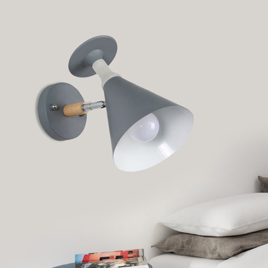 Rotatable Cone Wine Cup Wall Mounted Lamp Nordic Iron Single Bulb Grey/White Sconce Light with Wood Accent Grey Clearhalo 'Modern wall lights' 'Modern' 'Wall Lamps & Sconces' 'Wall Lights' Lighting' 1789415