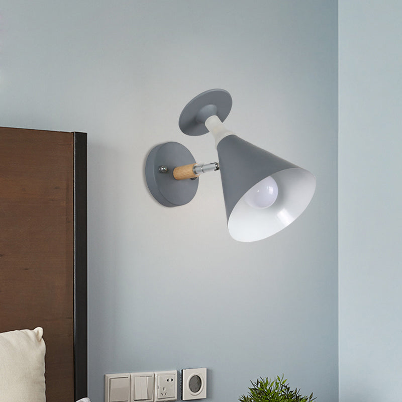 Rotatable Cone Wine Cup Wall Mounted Lamp Nordic Iron Single Bulb Grey/White Sconce Light with Wood Accent Clearhalo 'Modern wall lights' 'Modern' 'Wall Lamps & Sconces' 'Wall Lights' Lighting' 1789416