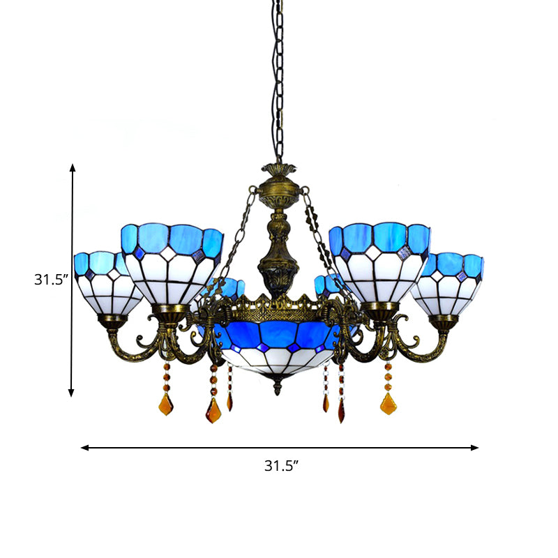 Art Glass Domed Chandelier with Agate Multi-Head Tiffany Traditional Hanging Light in Blue Clearhalo 'Ceiling Lights' 'Chandeliers' 'Industrial' 'Middle Century Chandeliers' 'Pendant Lights' 'Tiffany Chandeliers' 'Tiffany close to ceiling' 'Tiffany' Lighting' 178942