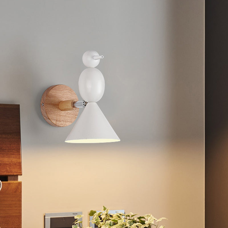 Lark Rotatable Wall Lighting Nordic Iron 1 Light White Sconce with Wood Backplate for Bedroom Clearhalo 'Modern wall lights' 'Modern' 'Wall Lamps & Sconces' 'Wall Lights' Lighting' 1789423