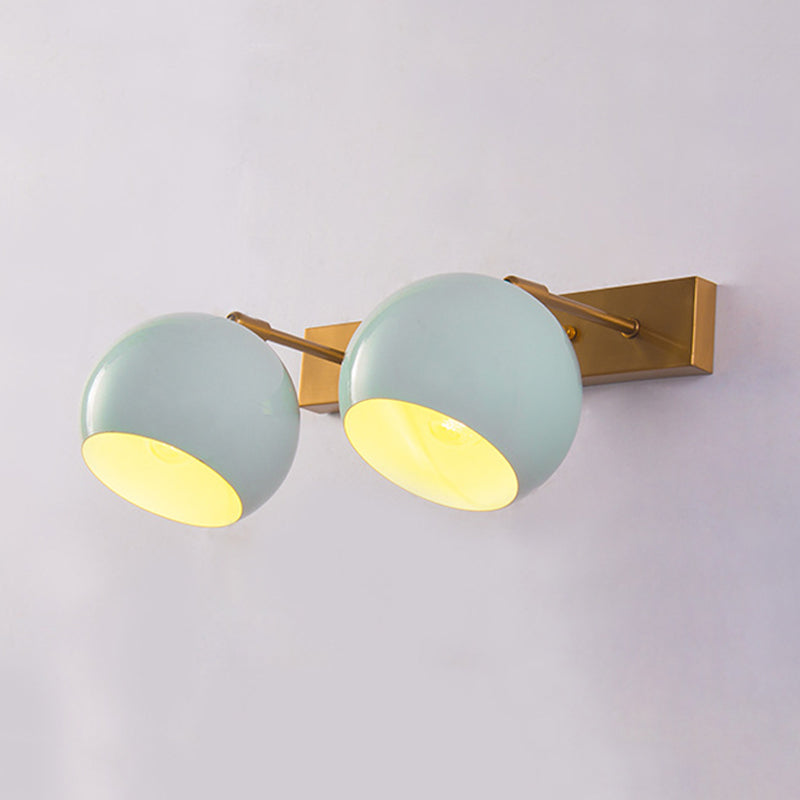 Macaron 2 Heads Wall Light Fixture Metal Blue Hemisphere Adjustable Sconce Ideas with Brass Backplate Clearhalo 'Cast Iron' 'Glass' 'Industrial' 'Modern wall lights' 'Modern' 'Tiffany' 'Traditional wall lights' 'Wall Lamps & Sconces' 'Wall Lights' Lighting' 1789431