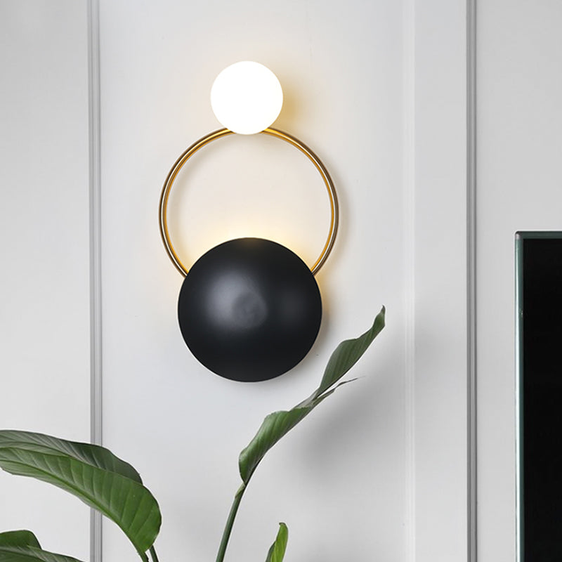 Postmodern Orbital Flush Mount Iron 2-Light Parlor Wall Sconce Light in Black-Gold with Orb Opal Glass Shade Clearhalo 'Cast Iron' 'Glass' 'Industrial' 'Modern wall lights' 'Modern' 'Tiffany' 'Traditional wall lights' 'Wall Lamps & Sconces' 'Wall Lights' Lighting' 1789438