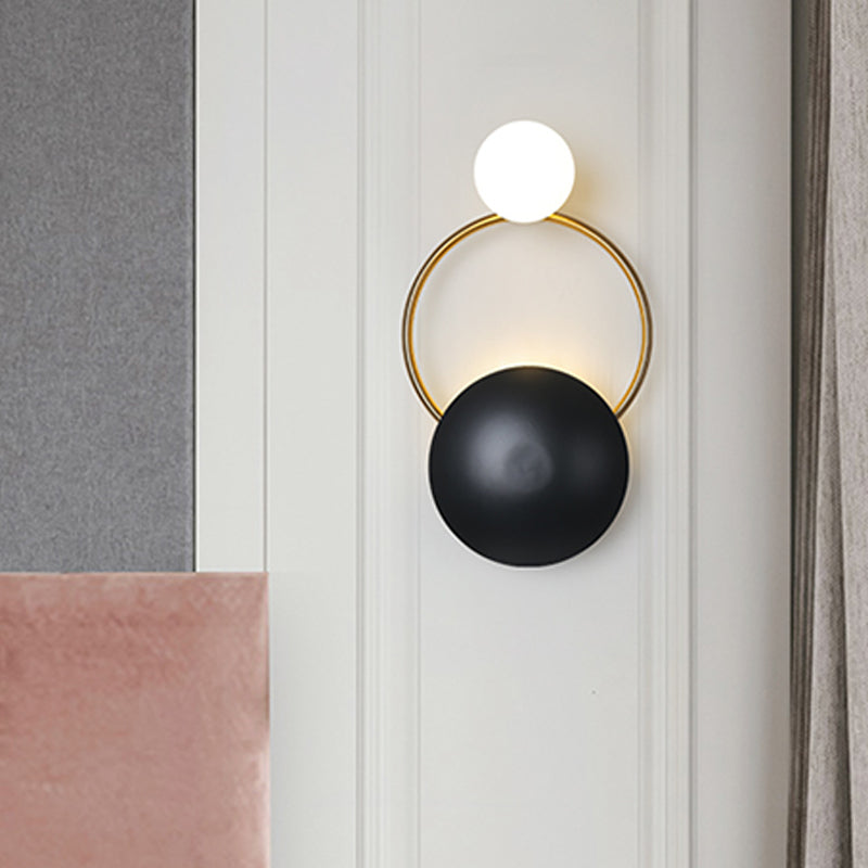 Postmodern Orbital Flush Mount Iron 2-Light Parlor Wall Sconce Light in Black-Gold with Orb Opal Glass Shade Clearhalo 'Cast Iron' 'Glass' 'Industrial' 'Modern wall lights' 'Modern' 'Tiffany' 'Traditional wall lights' 'Wall Lamps & Sconces' 'Wall Lights' Lighting' 1789440