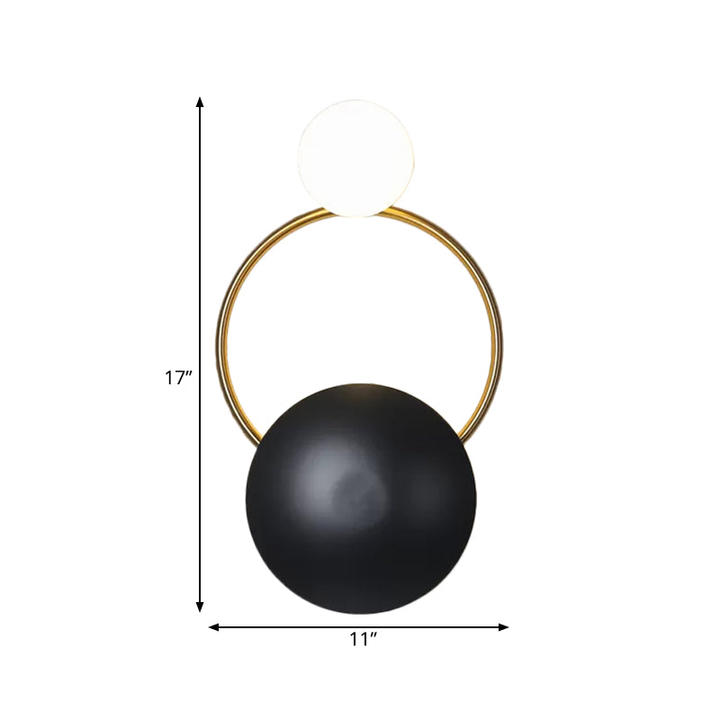 Postmodern Orbital Flush Mount Iron 2-Light Parlor Wall Sconce Light in Black-Gold with Orb Opal Glass Shade Clearhalo 'Cast Iron' 'Glass' 'Industrial' 'Modern wall lights' 'Modern' 'Tiffany' 'Traditional wall lights' 'Wall Lamps & Sconces' 'Wall Lights' Lighting' 1789442