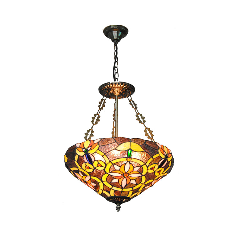 Umbrella Shade Pendant Lamp with Flower 3 Lights Tiffany Ornate Stained Glass Chandelier in Brown/Pink for Cafe Clearhalo 'Ceiling Lights' 'Chandeliers' 'Close To Ceiling Lights' 'Industrial' 'Middle Century Chandeliers' 'Tiffany Chandeliers' 'Tiffany close to ceiling' 'Tiffany' Lighting' 178945