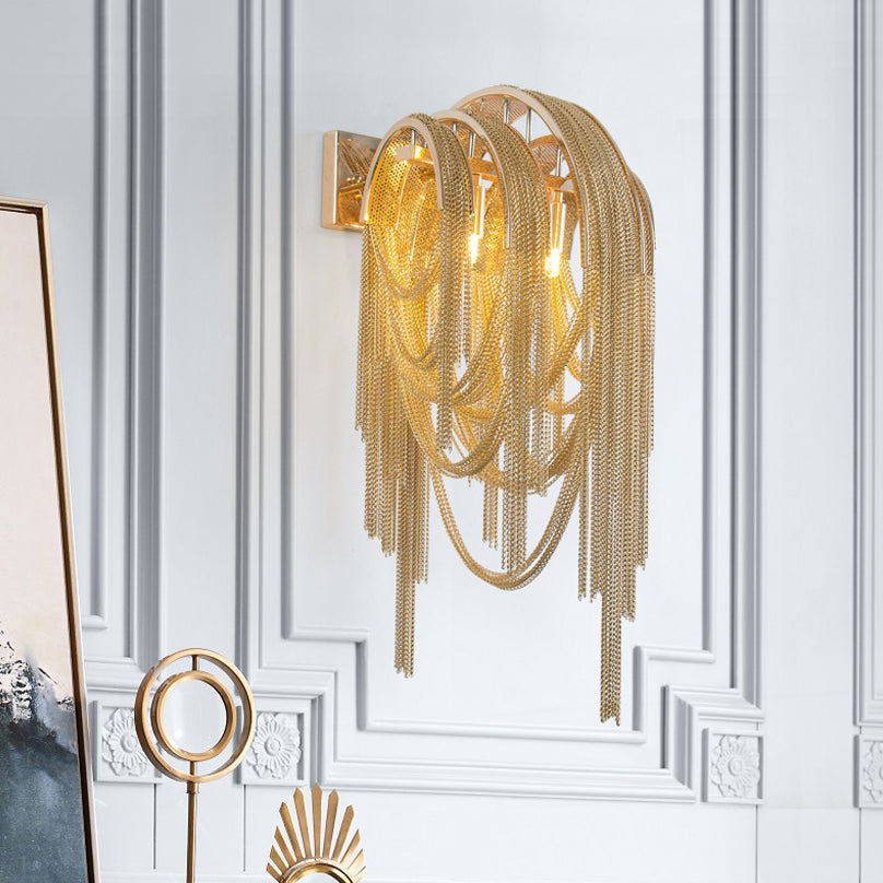 Gold/Silver Stacked Tassel Wall Lamp Mid Century 2 Bulbs Metallic Sconce Light Fixture for Hotel Clearhalo 'Cast Iron' 'Glass' 'Industrial' 'Modern wall lights' 'Modern' 'Tiffany' 'Traditional wall lights' 'Wall Lamps & Sconces' 'Wall Lights' Lighting' 1789458