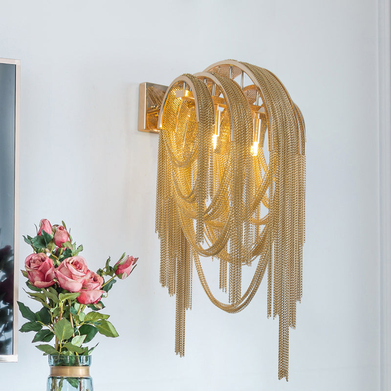 Gold/Silver Stacked Tassel Wall Lamp Mid Century 2 Bulbs Metallic Sconce Light Fixture for Hotel Gold Clearhalo 'Cast Iron' 'Glass' 'Industrial' 'Modern wall lights' 'Modern' 'Tiffany' 'Traditional wall lights' 'Wall Lamps & Sconces' 'Wall Lights' Lighting' 1789459