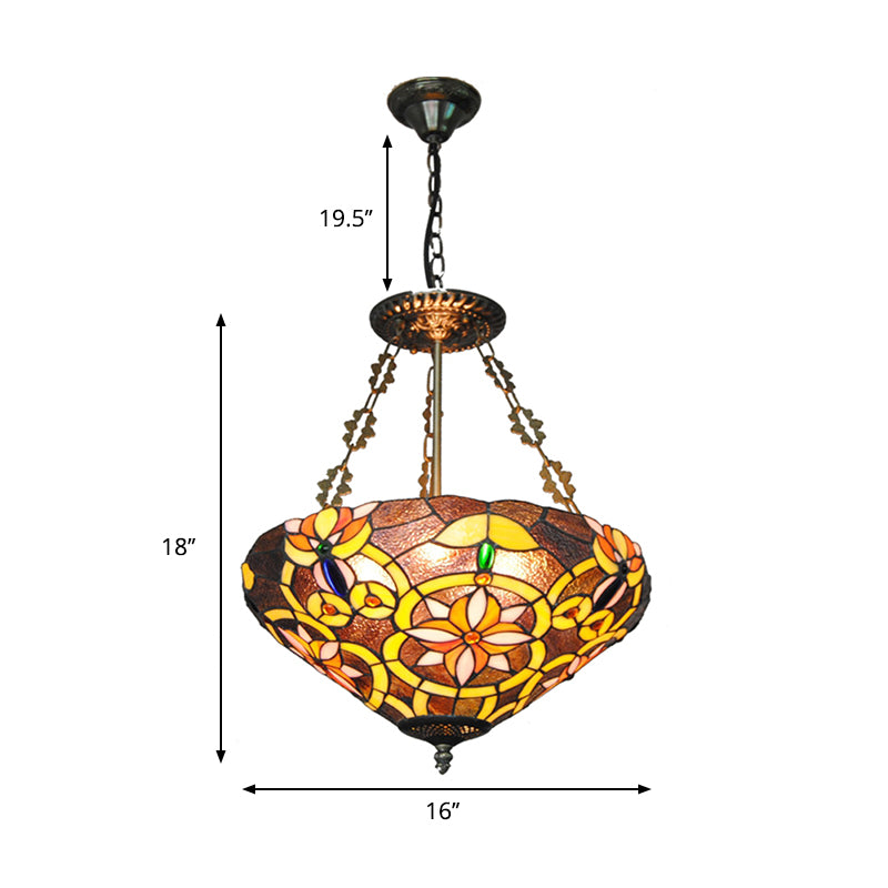 Umbrella Shade Pendant Lamp with Flower 3 Lights Tiffany Ornate Stained Glass Chandelier in Brown/Pink for Cafe Clearhalo 'Ceiling Lights' 'Chandeliers' 'Close To Ceiling Lights' 'Industrial' 'Middle Century Chandeliers' 'Tiffany Chandeliers' 'Tiffany close to ceiling' 'Tiffany' Lighting' 178946